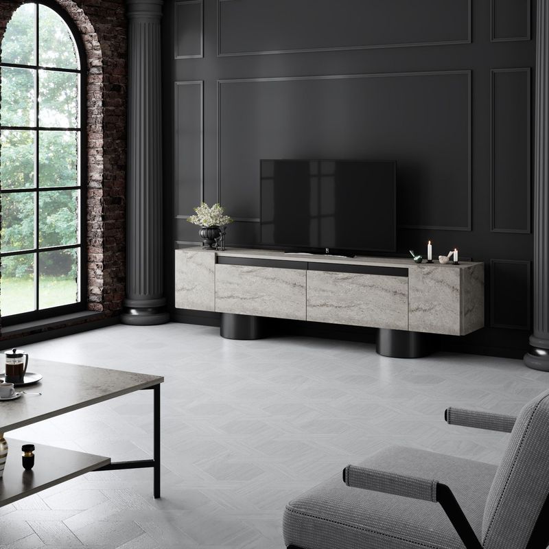 Casa si Gradina - Mobilier - Comode si corpuri - Comode - Comoda tv, Hanah Home, pal melaminat, travertin si negru, 180x50x30 cm, 618BLY1268 - Infinity.ro