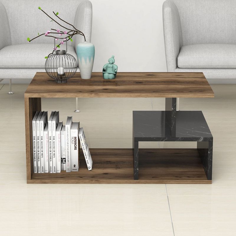 Casa si Gradina - Mobilier - Mese si birouri - Masute de cafea - Masuta de cafea, Hanah Home, pal melaminat, nuc inchis, marmura neagra, 90x54x42 cm - Infinity.ro