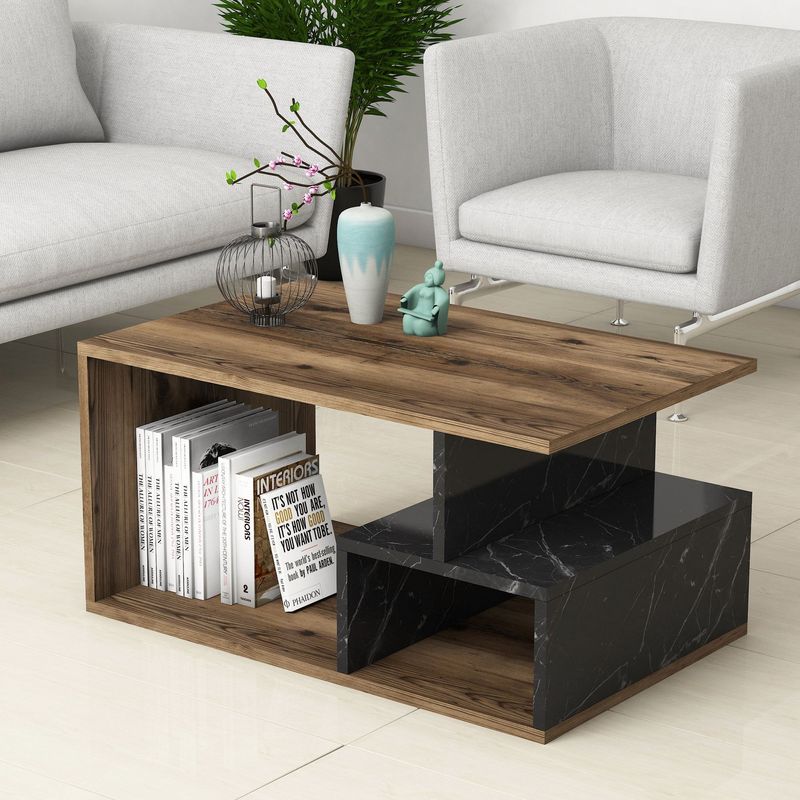 Casa si Gradina - Mobilier - Mese si birouri - Masute de cafea - Masuta de cafea, Hanah Home, pal melaminat, nuc inchis, marmura neagra, 90x54x42 cm - Infinity.ro