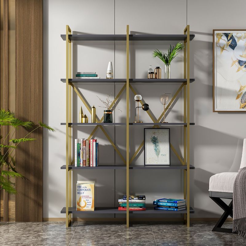 Casa si Gradina - Mobilier - Biblioteci si rafturi - Biblioteci - Biblioteca, Hanah Home, panou aglomerat cu melamina, auriu, antracit, 120x34x180 cm - Infinity.ro