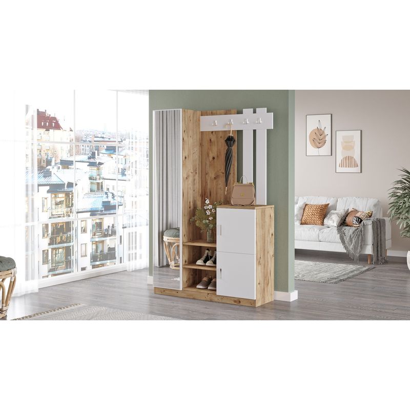 Casa si Gradina - Mobilier - Organizare si depozitare - Cuiere - Cuier, Hanah Home, pal melaminat, pin atlantic si alb, 113.6x37.5x179.7 cm - Infinity.ro