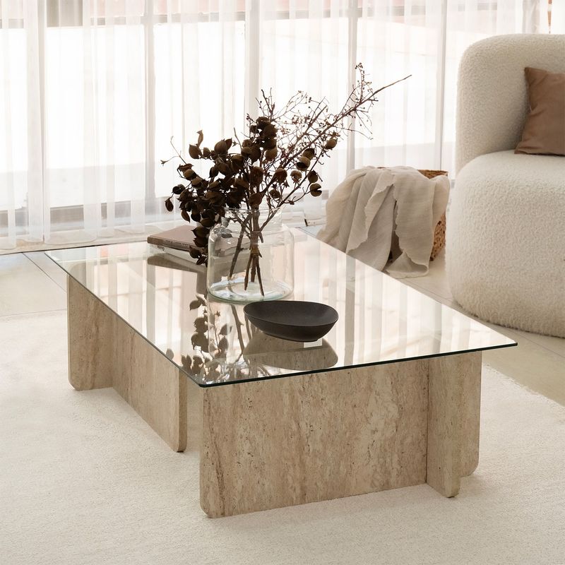 Casa si Gradina - Mobilier - Mese si birouri - Masute de cafea - Masa de cafea, Hanah Home, sticla si PAL melaminat, travertin, 105x65x30 cm - Infinity.ro