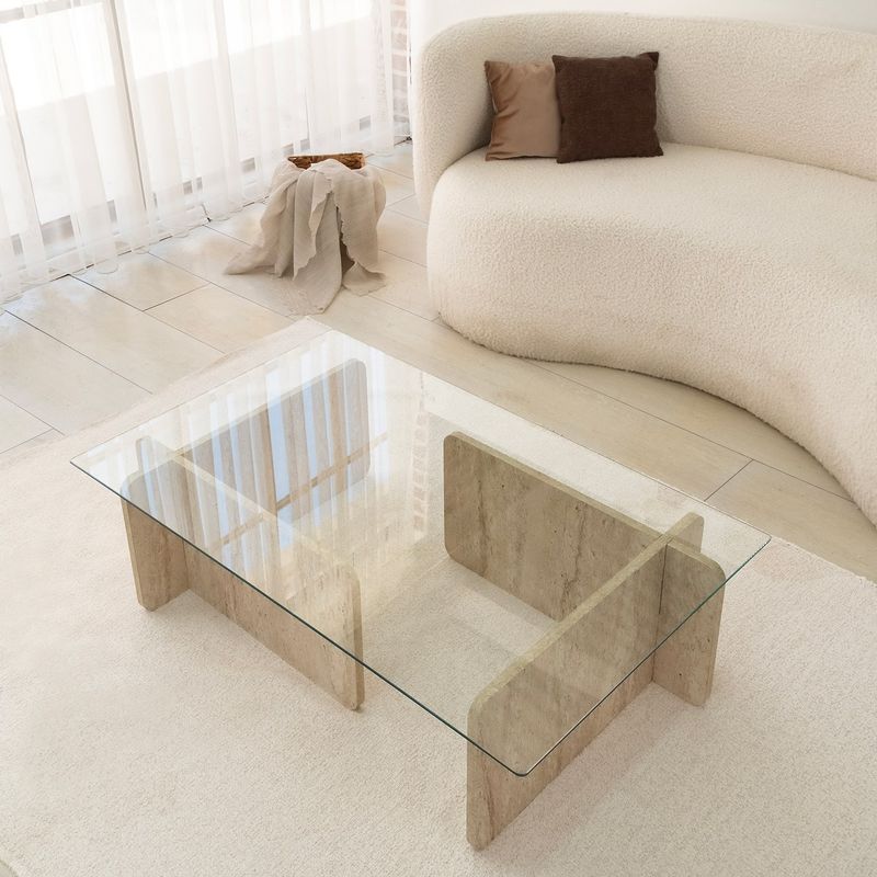 Casa si Gradina - Mobilier - Mese si birouri - Masute de cafea - Masa de cafea, Hanah Home, sticla si PAL melaminat, travertin, 105x65x30 cm - Infinity.ro
