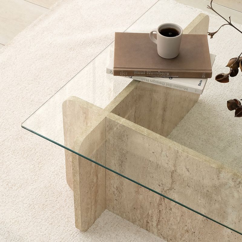Casa si Gradina - Mobilier - Mese si birouri - Masute de cafea - Masa de cafea, Hanah Home, sticla si PAL melaminat, travertin, 105x65x30 cm - Infinity.ro