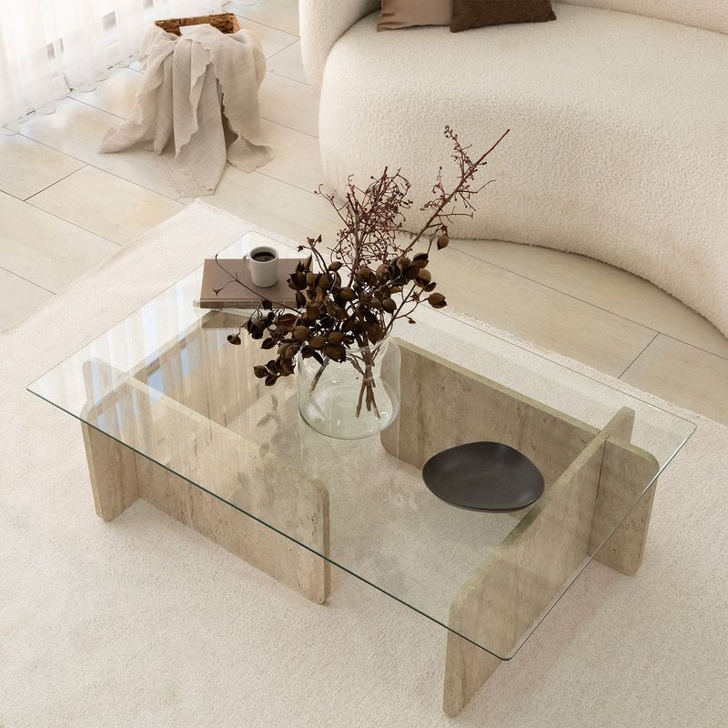 Casa si Gradina - Mobilier - Mese si birouri - Masute de cafea - Masa de cafea, Hanah Home, sticla si PAL melaminat, travertin, 105x65x30 cm - Infinity.ro