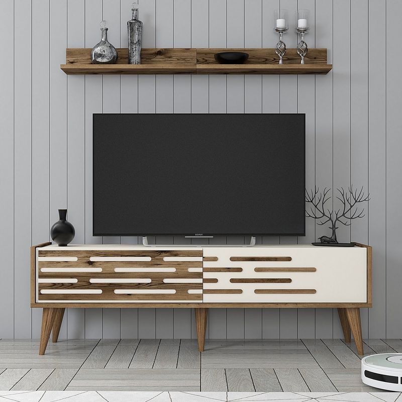 Casa si Gradina - Mobilier - Comode si corpuri - Comode - Comoda tv, Hanah Home, pal melaminat, nuc si crem, 140x35x45 cm - Infinity.ro