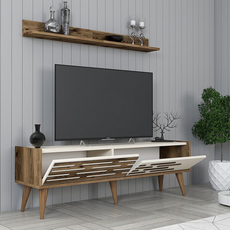 Casa si Gradina - Mobilier - Comode si corpuri - Comode - Comoda tv, Hanah Home, pal melaminat, nuc si crem, 140x35x45 cm - Infinity.ro