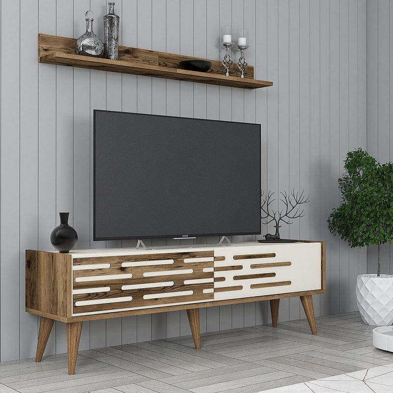 Casa si Gradina - Mobilier - Comode si corpuri - Comode - Comoda tv, Hanah Home, pal melaminat, nuc si crem, 140x35x45 cm - Infinity.ro