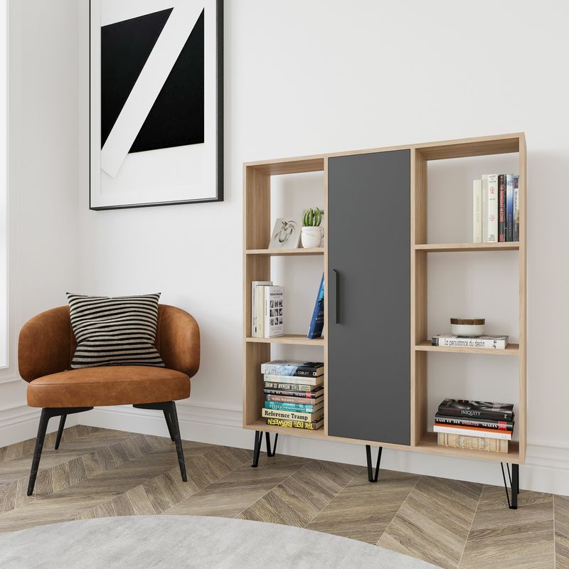 Casa si Gradina - Mobilier - Biblioteci si rafturi - Biblioteci - Biblioteca, Hanah Home, PAL melaminat, stejar, antracit, 120x25x141.6 cm - Infinity.ro