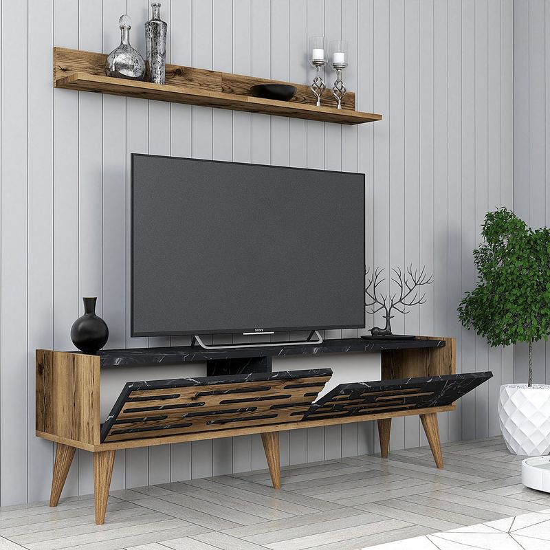 Casa si Gradina - Mobilier - Comode si corpuri - Comode - Comoda tv, Hanah Home, pal melaminat, nuc, negru, marmura, 140x35x45 cm - Infinity.ro