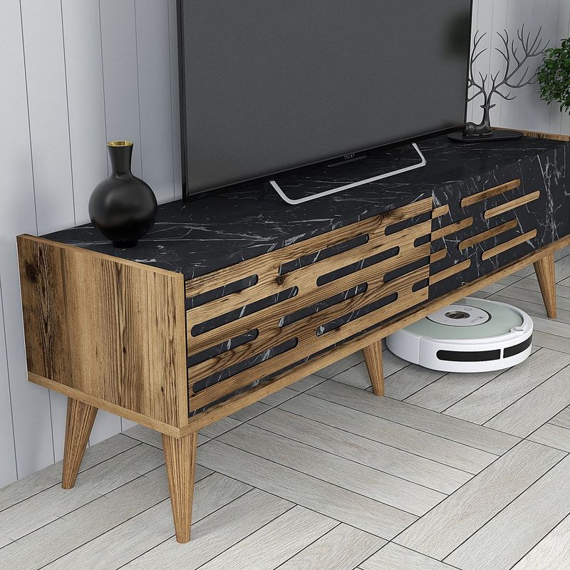 Casa si Gradina - Mobilier - Comode si corpuri - Comode - Comoda tv, Hanah Home, pal melaminat, nuc, negru, marmura, 140x35x45 cm - Infinity.ro