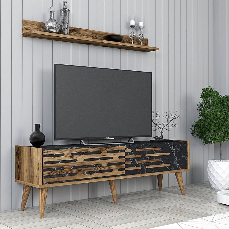 Casa si Gradina - Mobilier - Comode si corpuri - Comode - Comoda tv, Hanah Home, pal melaminat, nuc, negru, marmura, 140x35x45 cm - Infinity.ro