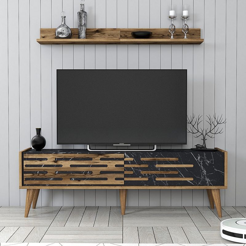 Casa si Gradina - Mobilier - Comode si corpuri - Comode - Comoda tv, Hanah Home, pal melaminat, nuc, negru, marmura, 140x35x45 cm - Infinity.ro