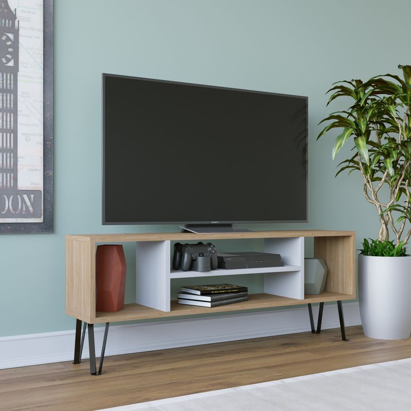 Casa si Gradina - Mobilier - Comode si corpuri - Comode - Suport tv, Hanah Home, pal melaminat, stejar si alb, 120x25x46.6 cm - Infinity.ro