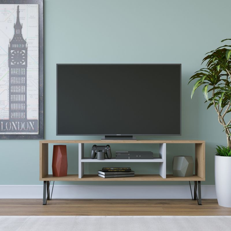 Casa si Gradina - Mobilier - Comode si corpuri - Comode - Suport tv, Hanah Home, pal melaminat, stejar si alb, 120x25x46.6 cm - Infinity.ro
