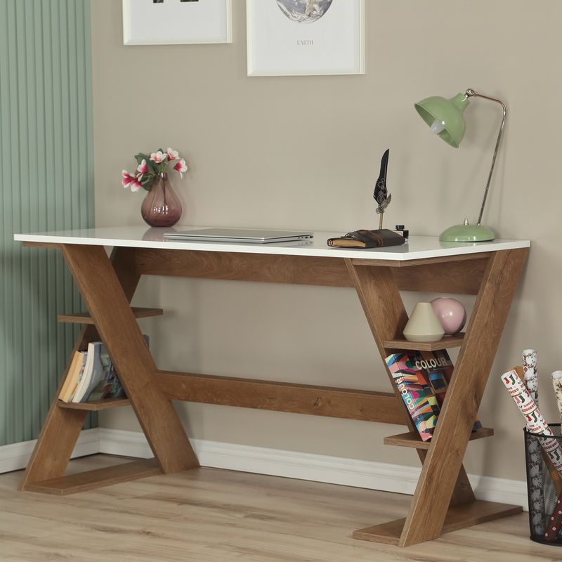 Casa si Gradina - Mobilier - Mese si birouri - Birouri - Birou de studiu, Hanah Home, pal, stejar inchis si alb, 140x60x73 cm - Infinity.ro