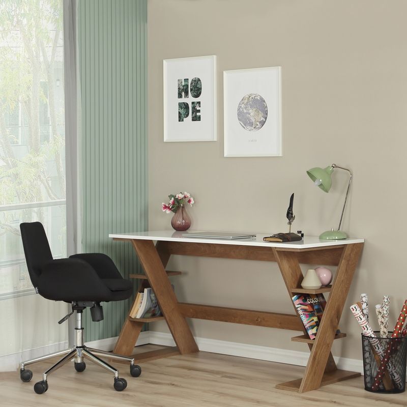Casa si Gradina - Mobilier - Mese si birouri - Birouri - Birou de studiu, Hanah Home, pal, stejar inchis si alb, 140x60x73 cm - Infinity.ro