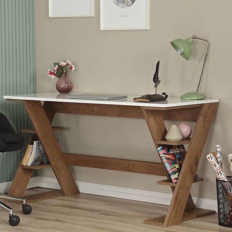 Casa si Gradina - Mobilier - Mese si birouri - Birouri - Birou de studiu, Hanah Home, pal, stejar inchis si alb, 140x60x73 cm - Infinity.ro
