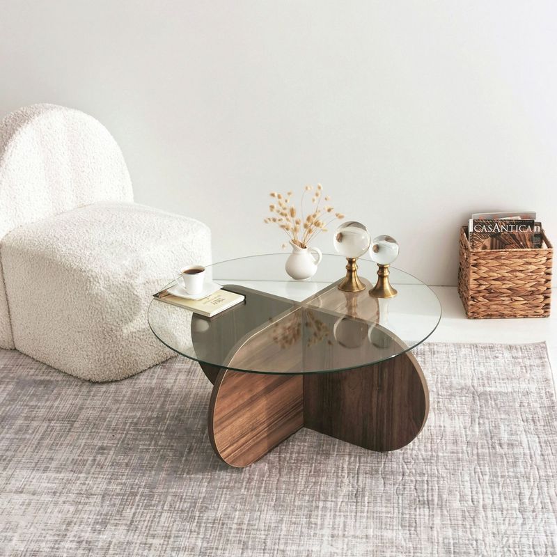 Casa si Gradina - Mobilier - Mese si birouri - Masute de cafea - Masuta de cafea, Hanah Home, sticla temperata si pal melaminat, nuc, 75x75x35 cm - Infinity.ro