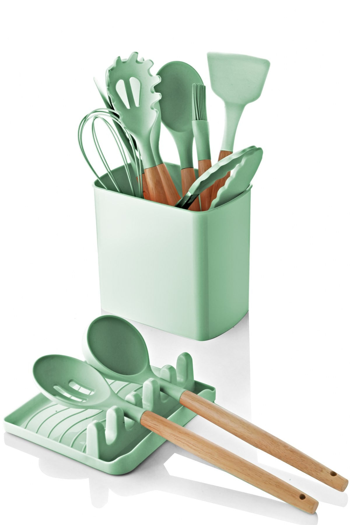 Set ustensile bucatarie, Hermia, maner lemn, verde deschis, 13 piese