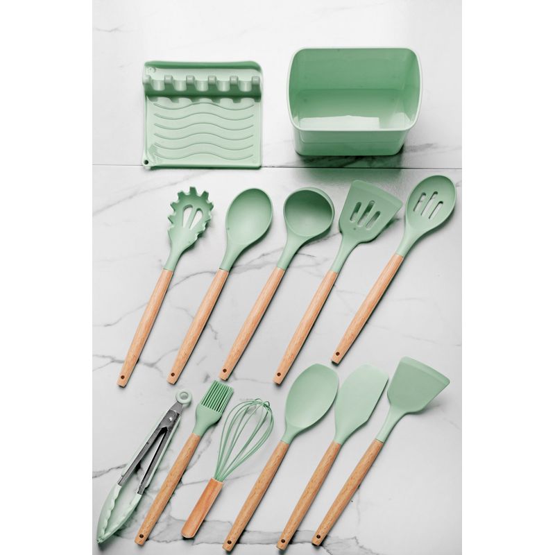 Casa si Gradina - Bucatarie si vesela - Ustensile bucatarie - Seturi ustensile de bucatarie - Set ustensile bucatarie, Hermia, maner lemn, verde deschis, 13 piese - Infinity.ro