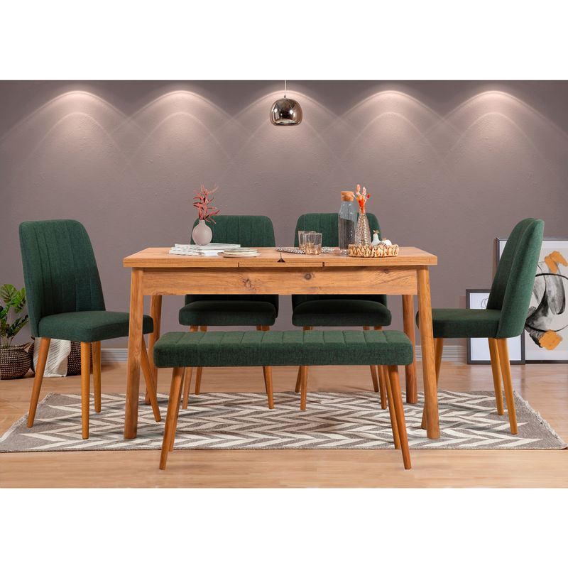 Casa si Gradina - Mobilier - Seturi de mobilier - Seturi mese si scaune - Set masa extensibila si scaune, Hanah Home, PAL melaminat, pin atlantic verde, masa 120-153x75x77 cm - Infinity.ro