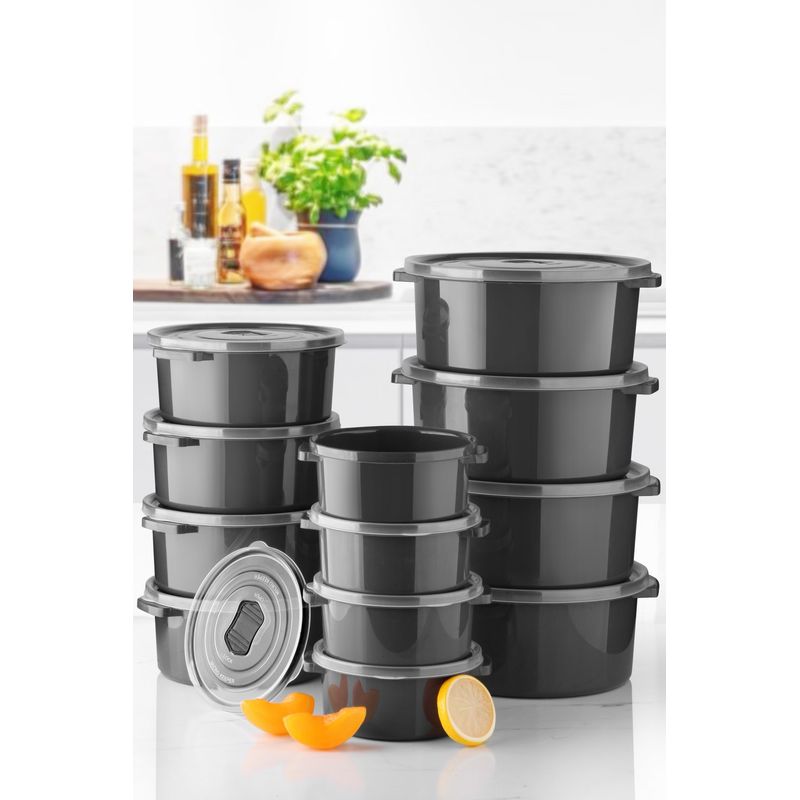 Casa si Gradina - Bucatarie si vesela - Organizare si depozitare bucatarie - Cutii alimentare - Set cutii depozitare, Hermia, plastic, antracit, 12 piese, diametru 22/18/14 cm - Infinity.ro