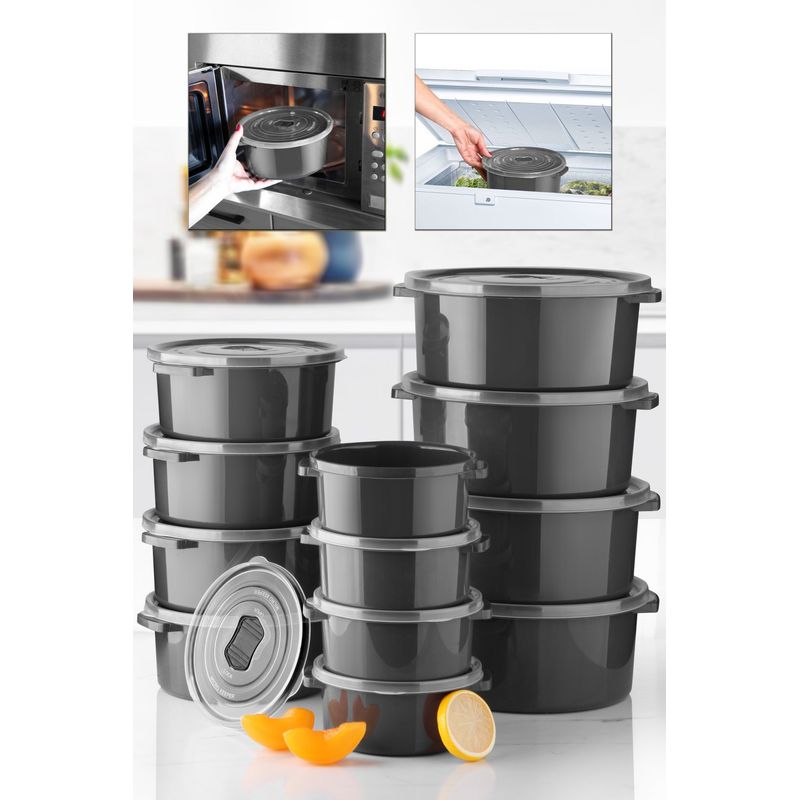 Casa si Gradina - Bucatarie si vesela - Organizare si depozitare bucatarie - Cutii alimentare - Set cutii depozitare, Hermia, plastic, antracit, 12 piese, diametru 22/18/14 cm - Infinity.ro