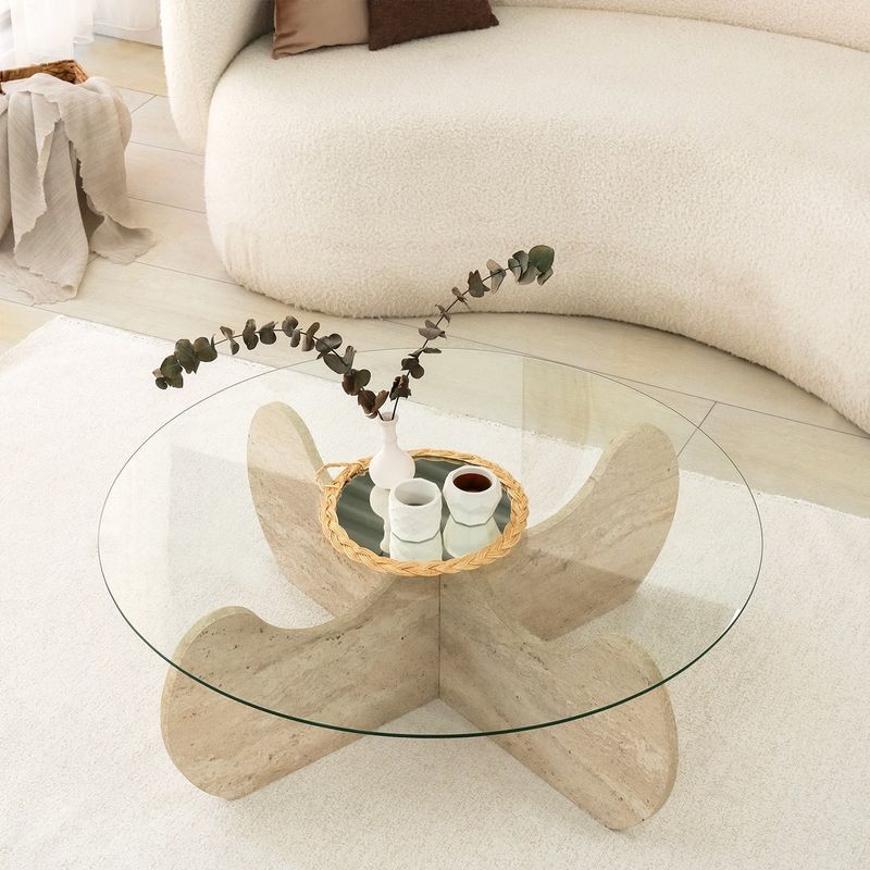 Casa si Gradina - Mobilier - Mese si birouri - Masute de cafea - Masa de cafea, Hanah Home, sticla si PAL melaminat, travertin, 90x30 cm, 552NOS2505 - Infinity.ro