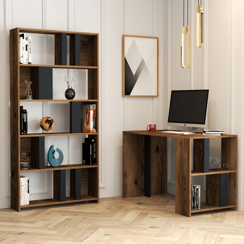 Casa si Gradina - Mobilier - Mese si birouri - Birouri - Birou cu biblioteca, Hanah Home, pal melaminat, nuc, antracit, 120x60x75.4 cm - Infinity.ro