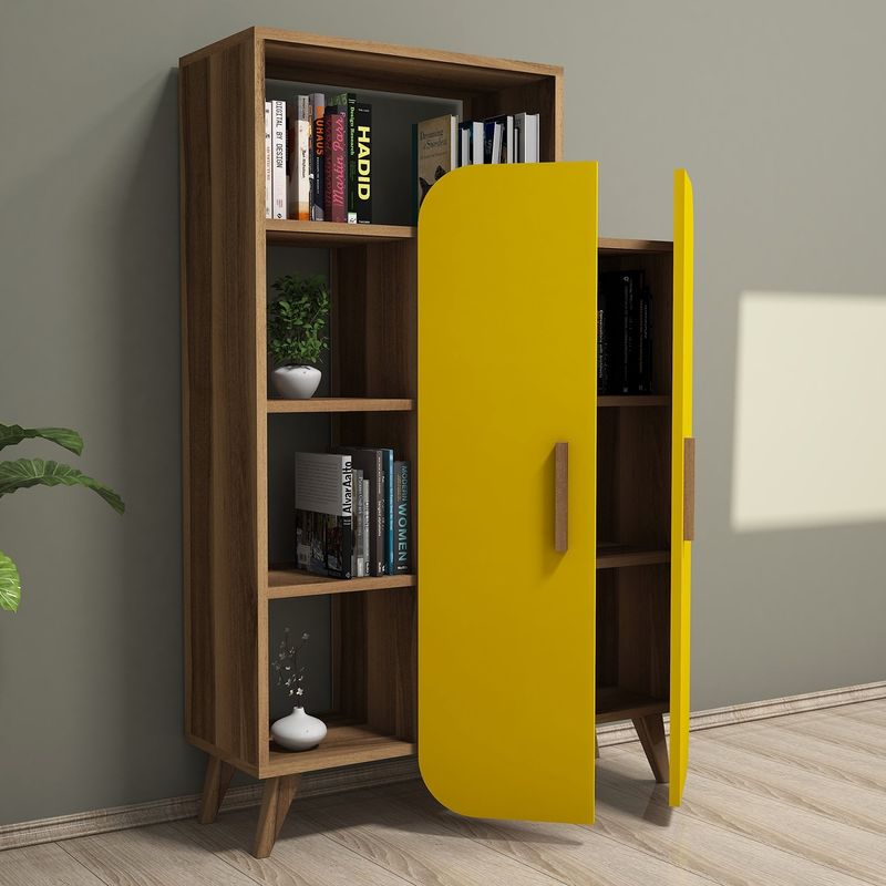 Casa si Gradina - Mobilier - Biblioteci si rafturi - Biblioteci - Biblioteca, Hanah Home, panou de particule acoperit cu melamina, nuc si galben, 90x32x132 cm - Infinity.ro