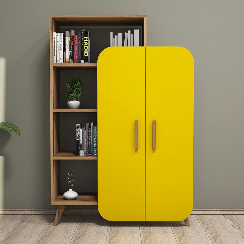Casa si Gradina - Mobilier - Biblioteci si rafturi - Biblioteci - Biblioteca, Hanah Home, panou de particule acoperit cu melamina, nuc si galben, 90x32x132 cm - Infinity.ro
