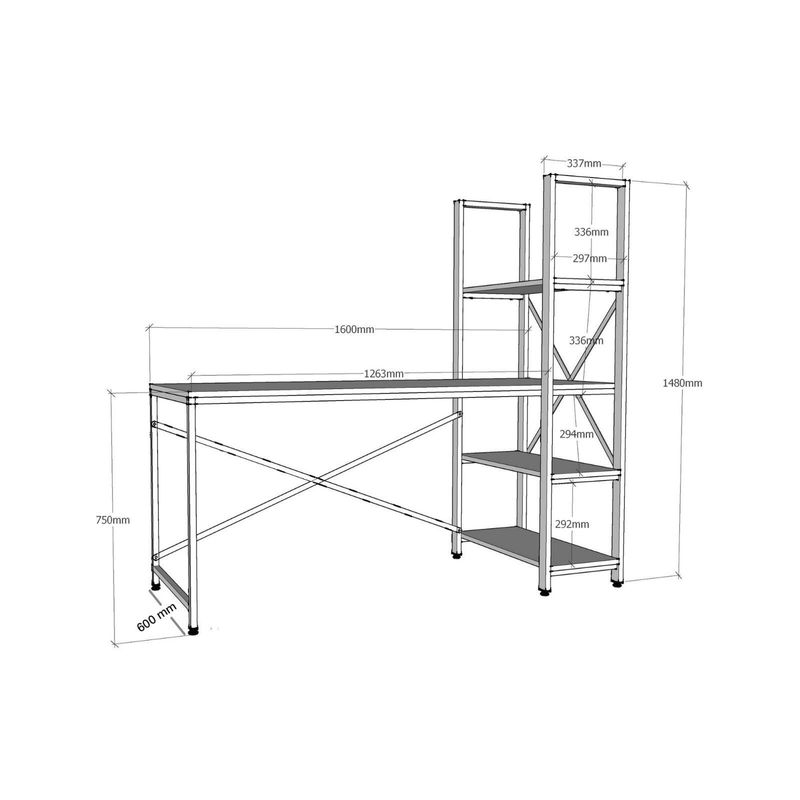 Casa si Gradina - Mobilier - Mese si birouri - Birouri - Birou cu rafturi, Hanah Home, pal melaminat, stejar si negru, 160x148x60 cm - Infinity.ro