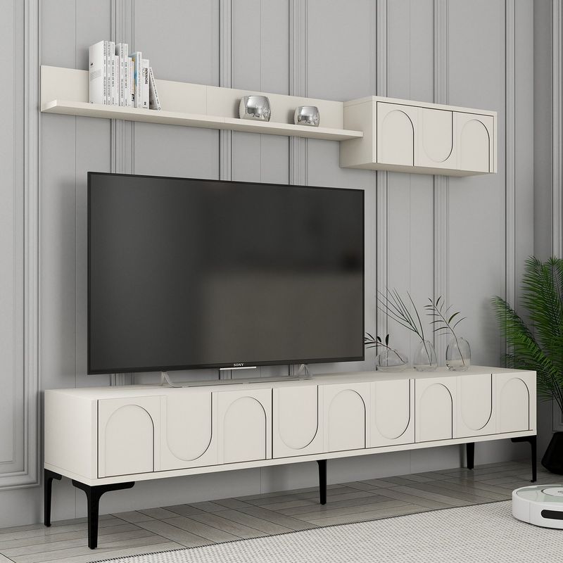 Casa si Gradina - Mobilier - Comode si corpuri - Comode - Comoda tv, Hanah Home, pal melaminat, crem si negru, 180x42x35 cm - Infinity.ro