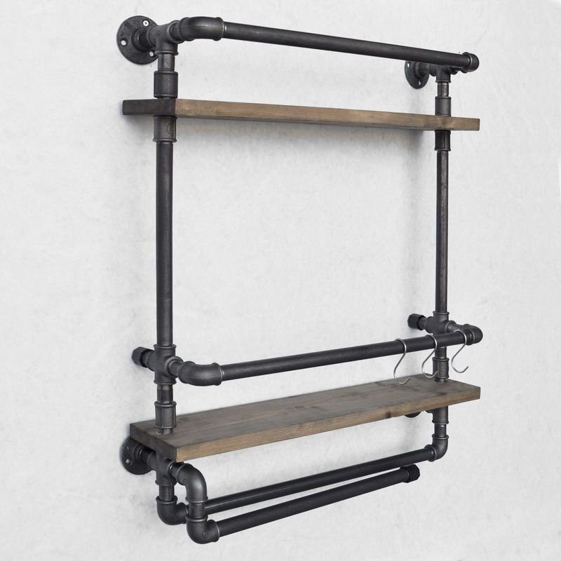 Casa si Gradina - Bucatarie si vesela - Accesorii bar - Suporturi bauturi - Raft pentru sticle de vin, Hanah Home, lemn de molid si metal, nuc si negru, 60x17x67 cm - Infinity.ro