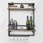 Casa si Gradina - Bucatarie si vesela - Accesorii bar - Suporturi bauturi - Raft pentru sticle de vin, Hanah Home, lemn de molid si metal, nuc si negru, 60x17x67 cm - Infinity.ro
