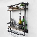 Casa si Gradina - Bucatarie si vesela - Accesorii bar - Suporturi bauturi - Raft pentru sticle de vin, Hanah Home, lemn de molid si metal, nuc si negru, 60x17x67 cm - Infinity.ro