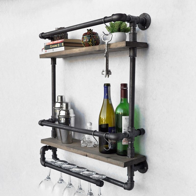 Casa si Gradina - Bucatarie si vesela - Accesorii bar - Suporturi bauturi - Raft pentru sticle de vin, Hanah Home, lemn de molid si metal, nuc si negru, 60x17x67 cm - Infinity.ro