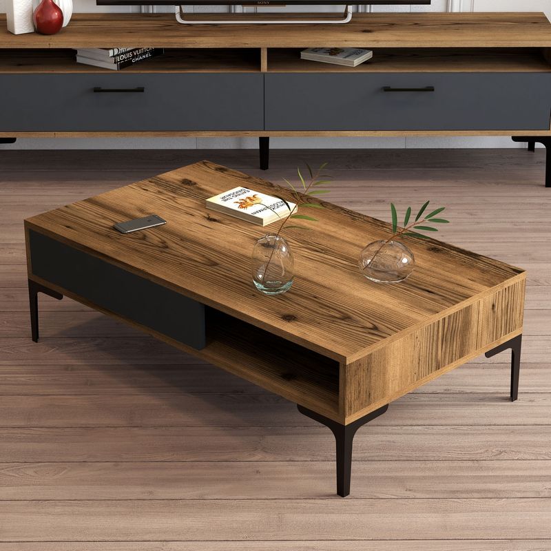 Casa si Gradina - Mobilier - Mese si birouri - Masute de cafea - Masa de cafea, Hanah Home, panou de particule melaminat, nuc si antracit, 105x60x32.6 cm - Infinity.ro