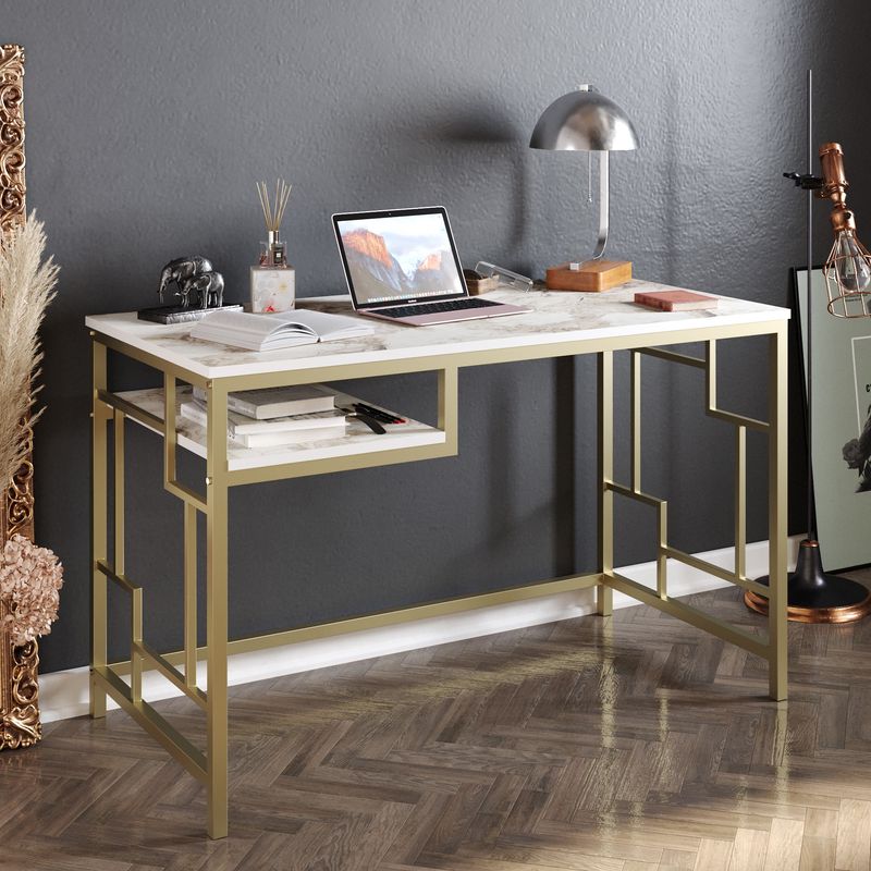 Casa si Gradina - Mobilier - Mese si birouri - Birouri - Birou de studiu, Hanah Home, panou de particule melaminat, auriu alb, 120x60x75 cm - Infinity.ro