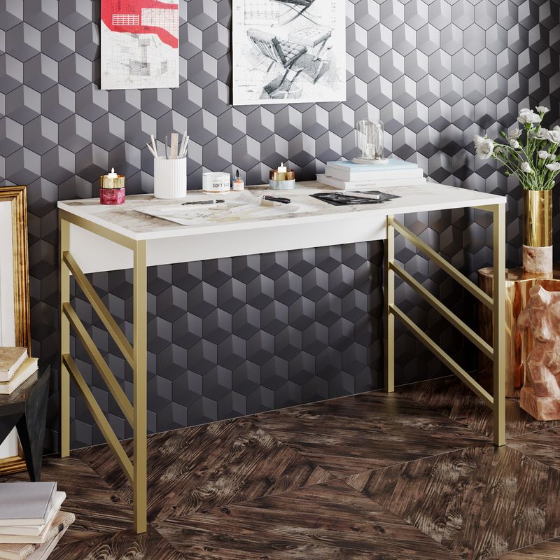 Casa si Gradina - Mobilier - Mese si birouri - Birouri - Birou de studiu, Hanah Home, pal melaminat, auriu si alb, 120x60x75 cm - Infinity.ro