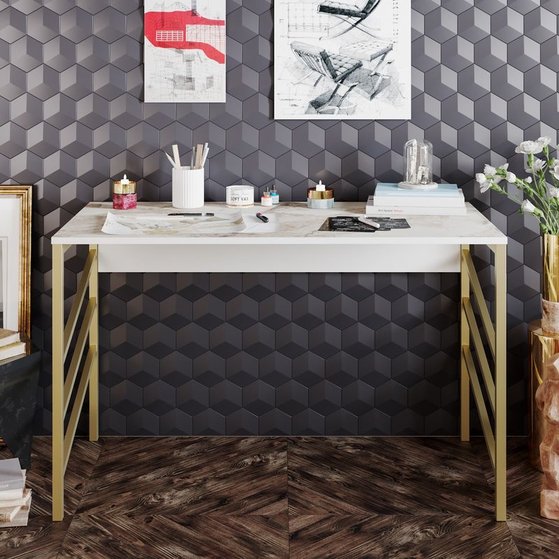 Casa si Gradina - Mobilier - Mese si birouri - Birouri - Birou de studiu, Hanah Home, pal melaminat, auriu si alb, 120x60x75 cm - Infinity.ro