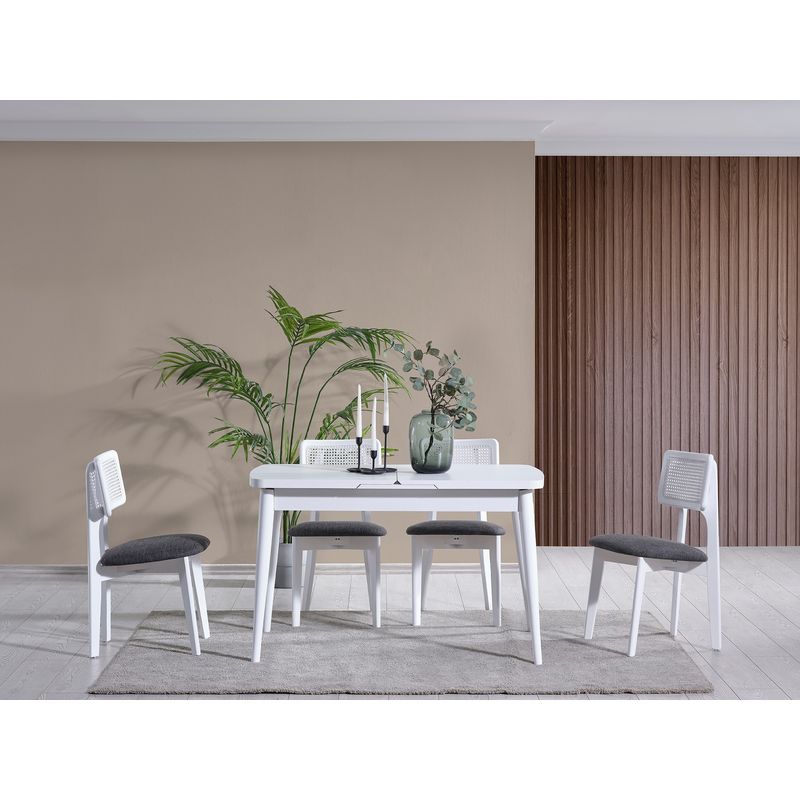 Casa si Gradina - Mobilier - Seturi de mobilier - Seturi mese si scaune - Set masa extensibila cu 4 scaune, Hanah Home, lemn de fag, alb, masa 127x70x75 cm - Infinity.ro