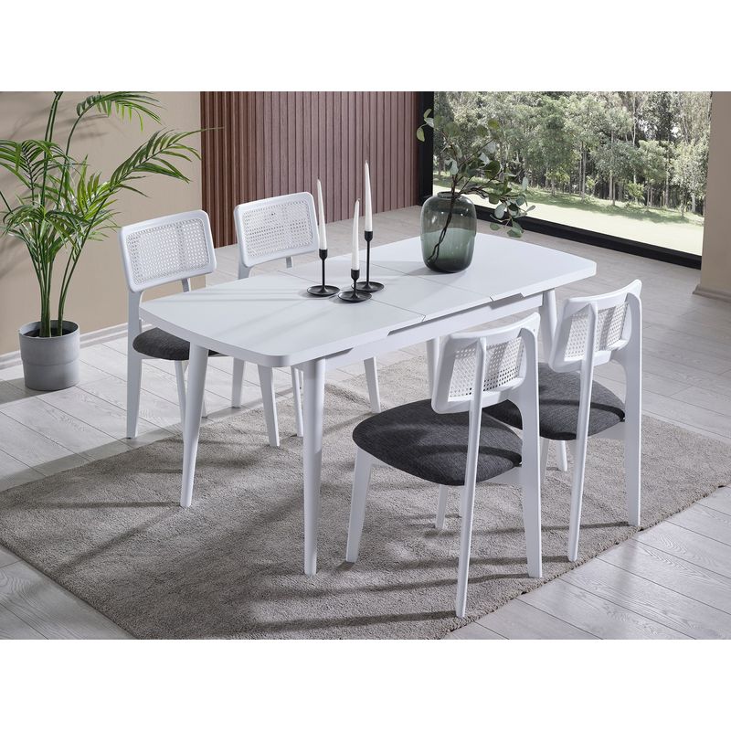 Casa si Gradina - Mobilier - Seturi de mobilier - Seturi mese si scaune - Set masa extensibila cu 4 scaune, Hanah Home, lemn de fag, alb, masa 127x70x75 cm - Infinity.ro