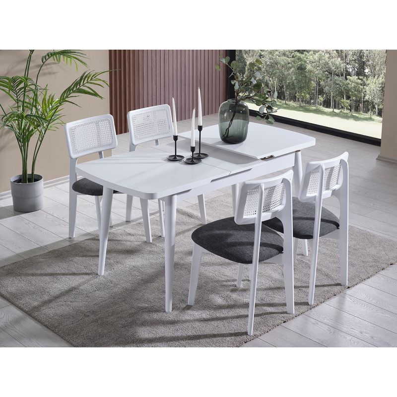 Casa si Gradina - Mobilier - Seturi de mobilier - Seturi mese si scaune - Set masa extensibila cu 4 scaune, Hanah Home, lemn de fag, alb, masa 127x70x75 cm - Infinity.ro