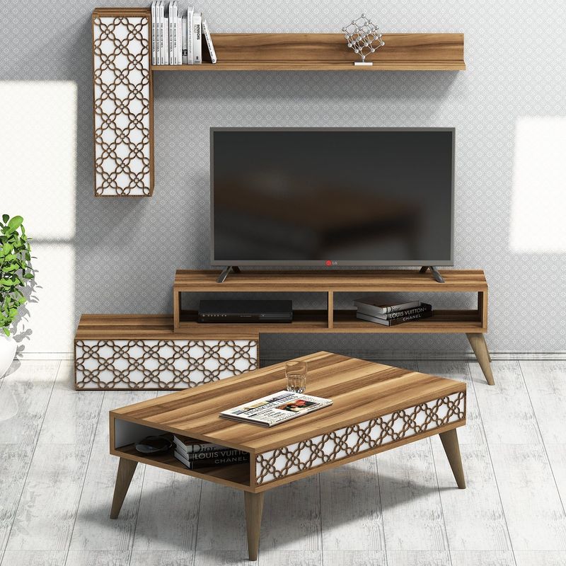 Casa si Gradina - Mobilier - Seturi de mobilier - Seturi living - Set living, Hanah Home, pal melaminat, nuc si alb, multiple rafturi - Infinity.ro