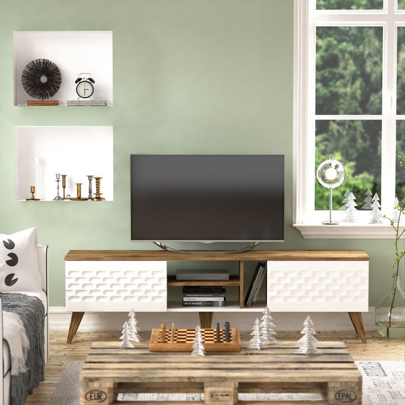 Casa si Gradina - Mobilier - Comode si corpuri - Comode - Comoda tv, Hanah Home, pal melaminat, alb si nuc, 180x35x53 cm - Infinity.ro