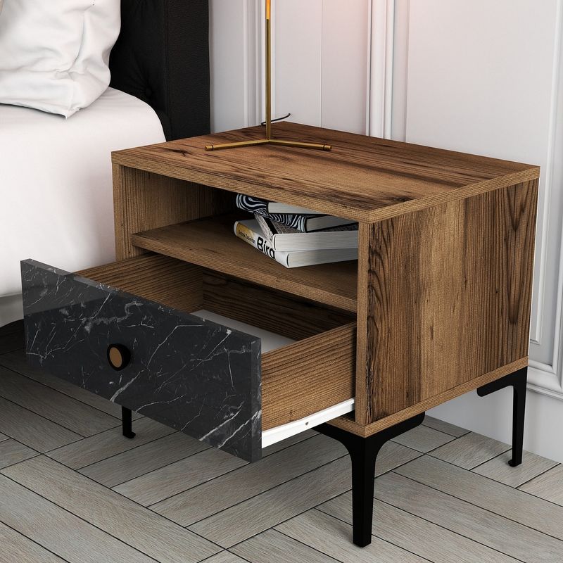 Casa si Gradina - Mobilier - Comode si corpuri - Noptiere - Noptiera, Hanah Home, pal melaminat, nuc si negru, 56x40x50.8 cm - Infinity.ro