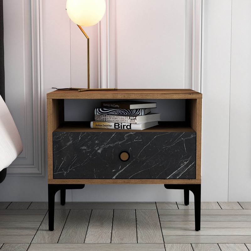 Casa si Gradina - Mobilier - Comode si corpuri - Noptiere - Noptiera, Hanah Home, pal melaminat, nuc si negru, 56x40x50.8 cm - Infinity.ro