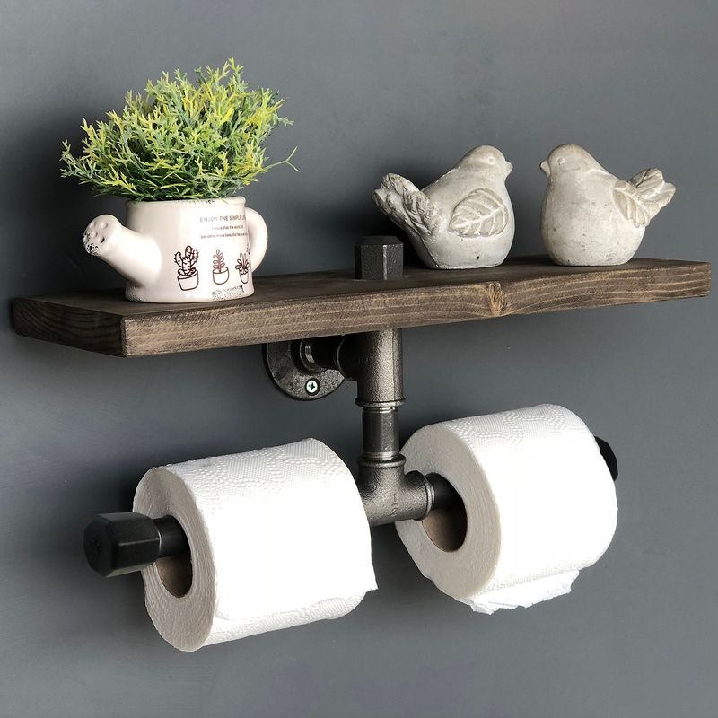 Casa si Gradina - Sanitare - Suporturi si accesorii baie - Suporturi baie - Raft cu ţeava, Hanah Home, lemn de molid şi metal, negru şi nuc, 40x12x12 cm - Infinity.ro